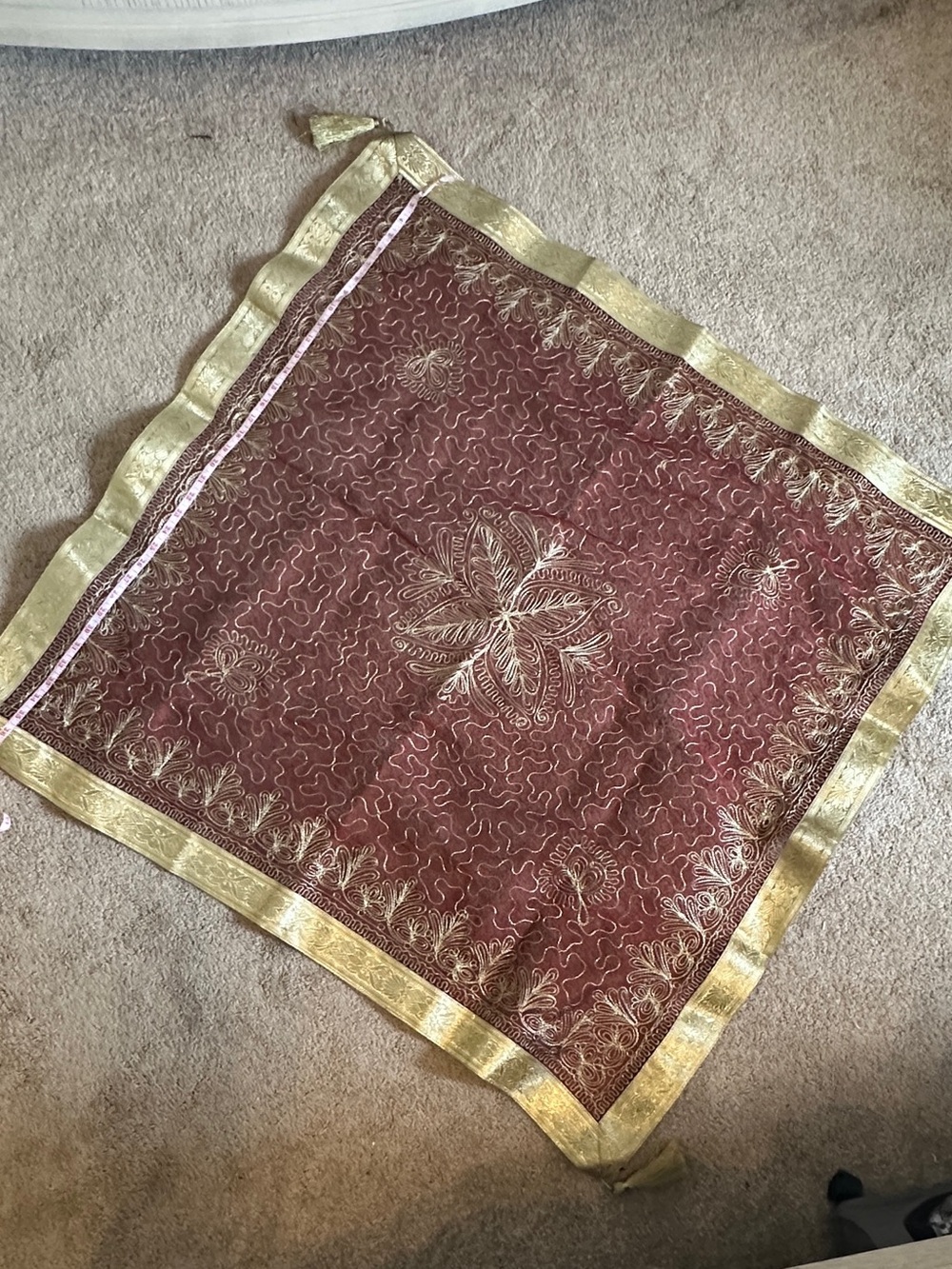 Embroidered Maroon Square Decorative table top with Gold Trim